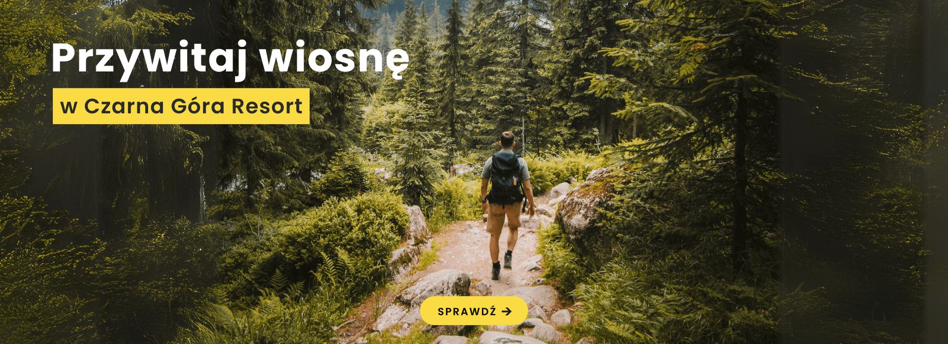 Turysta wędrujący górskim szlakiem wśród wiosennego lasu w Czarna Góra Resort w Masywie Śnieżnika – aktywny wypoczynek na łonie natury, piesze wędrówki i relaks w górach.